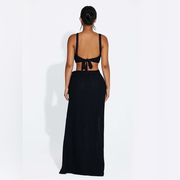 NEW NAKED WARDROBE Black Wrapped In Crochet Maxi Wrap Skirt w/ Waist Tie Stretch - Picture 5 of 8